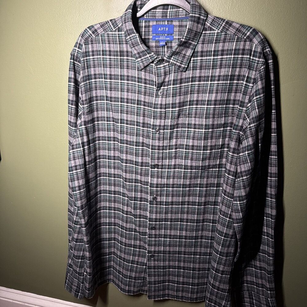 Apt 9 Mens Large Slim Fit Soft Touch Flannel Shirt Green Grey Plaid Long Sleeve